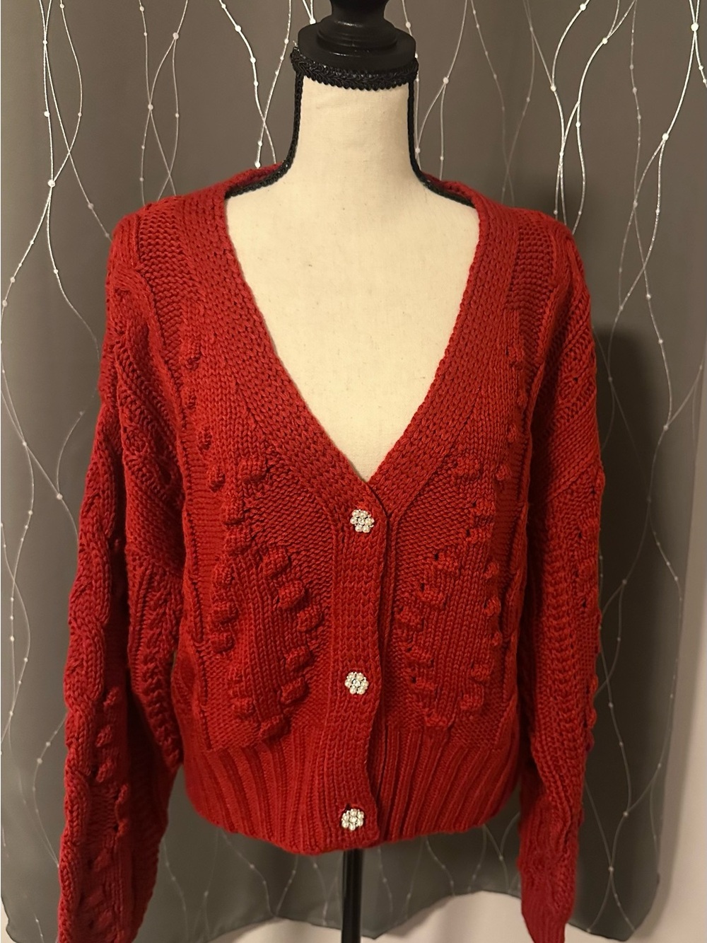 New York & Company Red Cable Knit V‑Neck Cardigan with Detailed Buttons